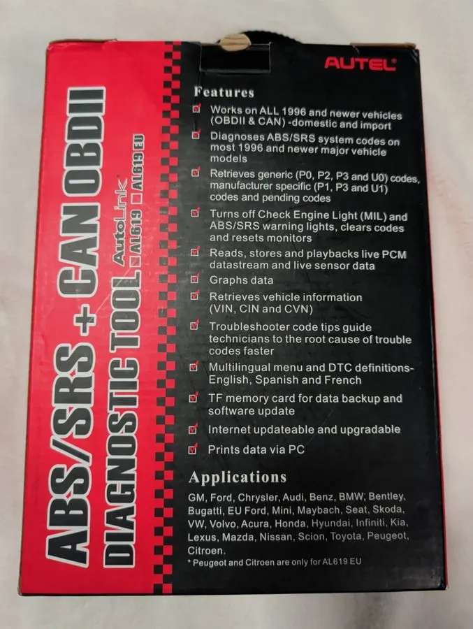 Диагностический сканер Autel AL619 Code Reader OBDII, ABC, and SRS scanner reset