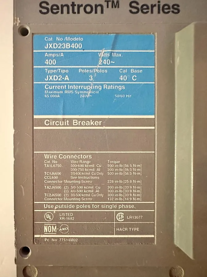 Автоматический выключатель SIEMENS SENTRON JXD2-A CIRCUIT BREAKER JXD23B400 400A