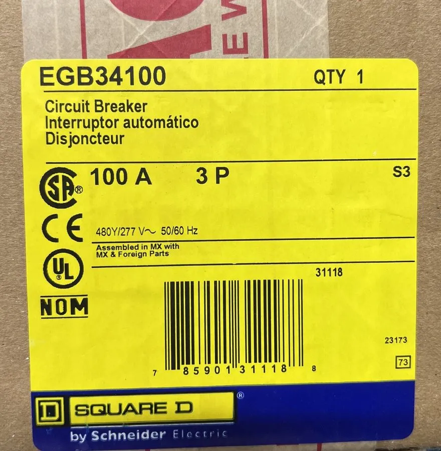 Автоматический выключатель EGB34100 Square D 100 Amp 480V 3 Pole Bolt On Circuit