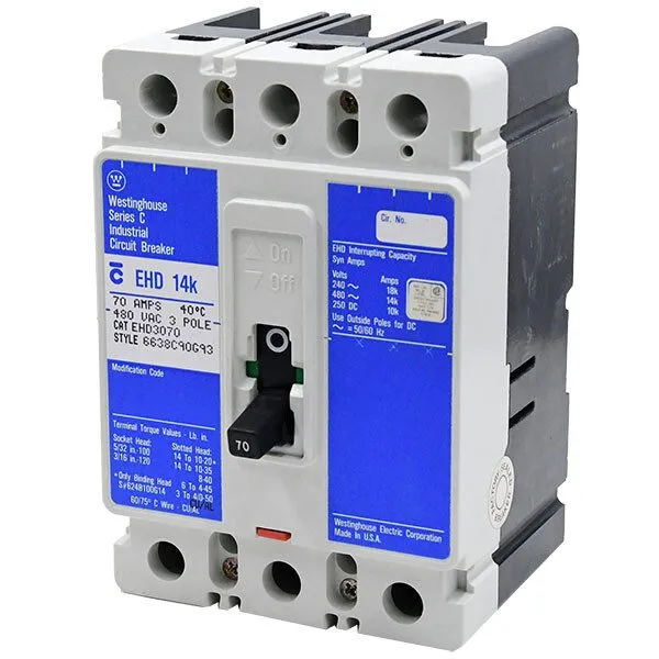 Автоматический выключатель EHD3070 Westinghouse 70A 480V 3P Circuit Breaker -SES