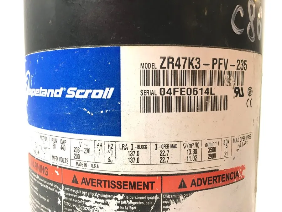 Компрессор Copeland ZR47K3-PFV-235 Scroll Compressor 4 Ton 208-230V 1-Phase 4820 — фото лота 1