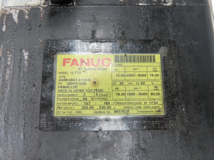Шпиндель Fanuc A06B-0847-B100-R AC Spindle Motor 18.5kW 6000rpm 157-189VAC 3ph