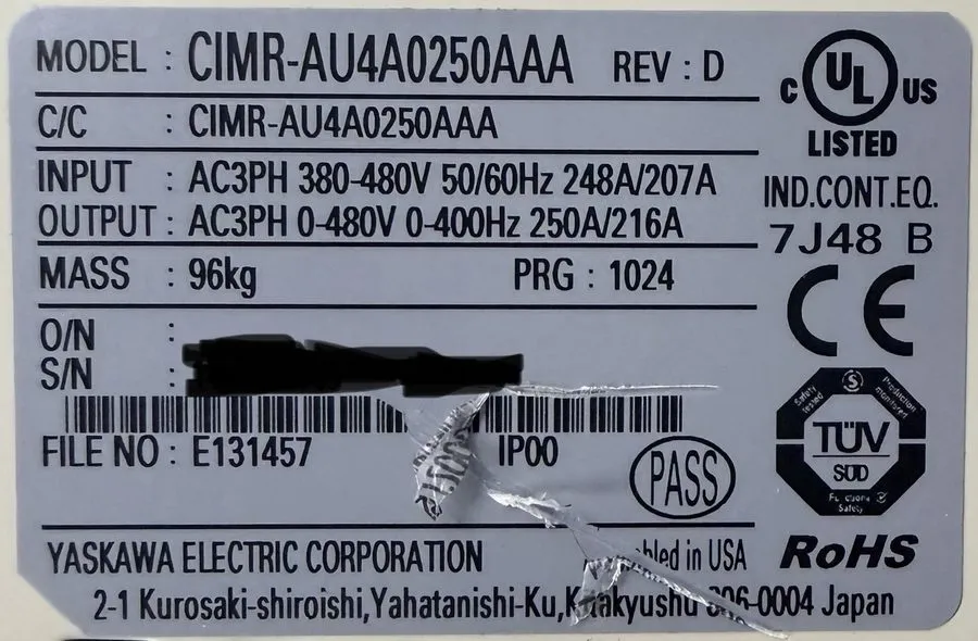 Электропривод Yaskawa CIMR-AU4A0250AAA Drive A1000 Rev a 3PH 380-480V Fully — фото лота 2