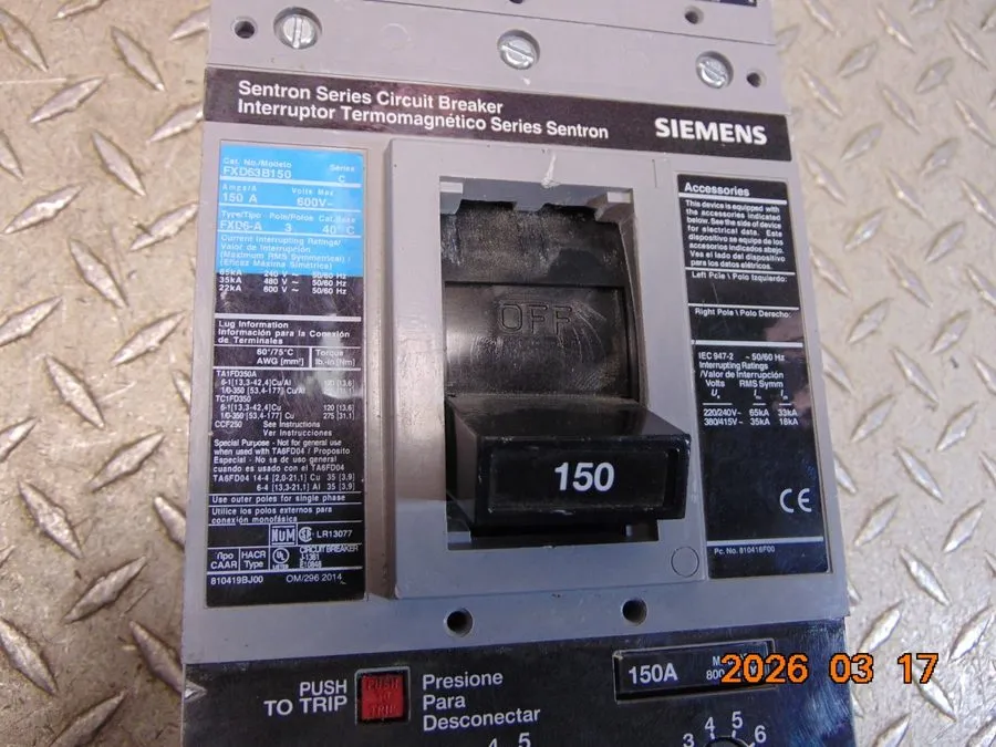Автоматический выключатель Sentron Series Siemens FXD63B150 150 Amp 600Vac 3 Pol