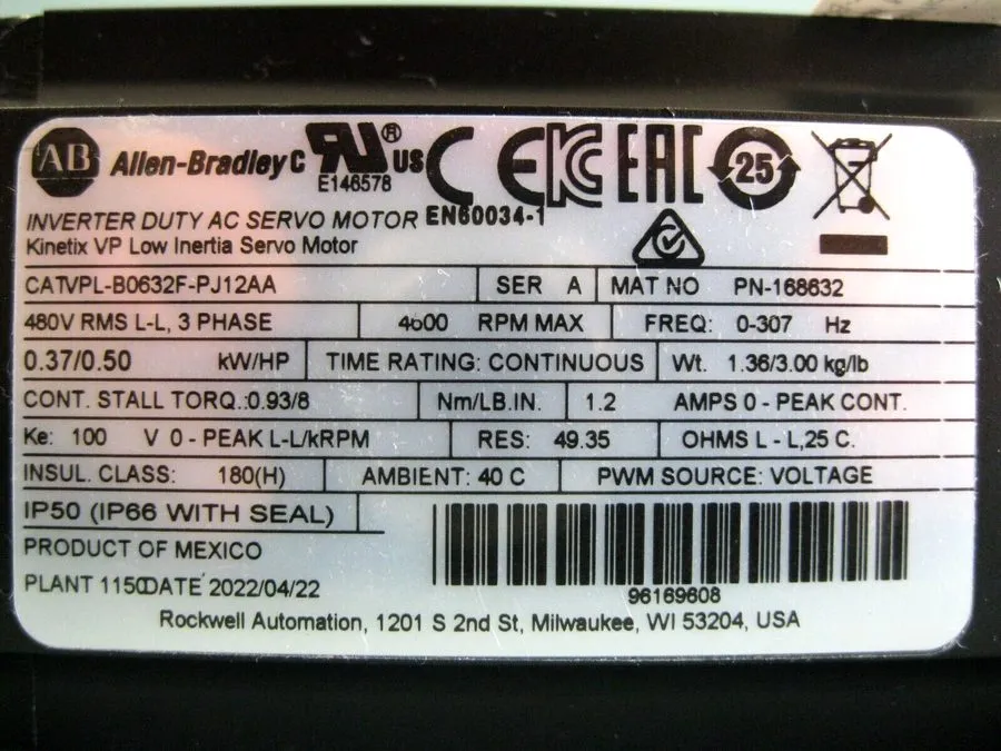 Серводвигатель Allen-Bradley VPL-B0632F-PJ12AA Kinetix VP Low Inertia Servo Moto
