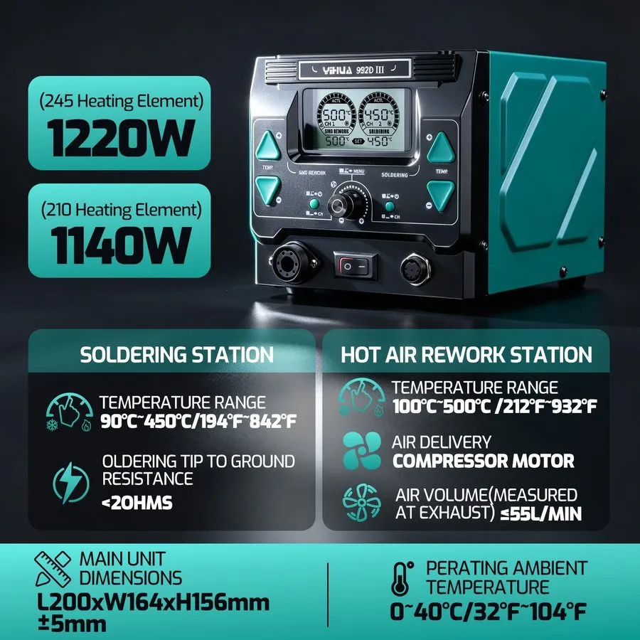 Паяльная станция YIHUA 992D-III SMD BGA Hot Air Rework Station with C210 C245 So — фото лота 1