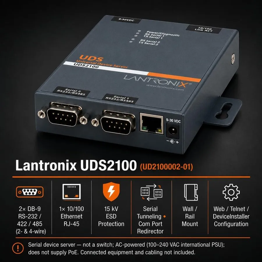 IIoT-устройство Lantronix UDS1100/UDS2100 Device Server 1- or 2-Port Serial-to-E