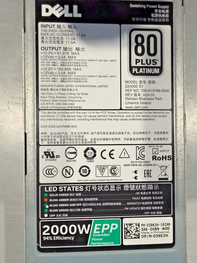 Блок питания Dell 2000W Power Supply Z2000E-S1 0YD1T6 PowerEdge R630 R730 T430 T — фото лота 1