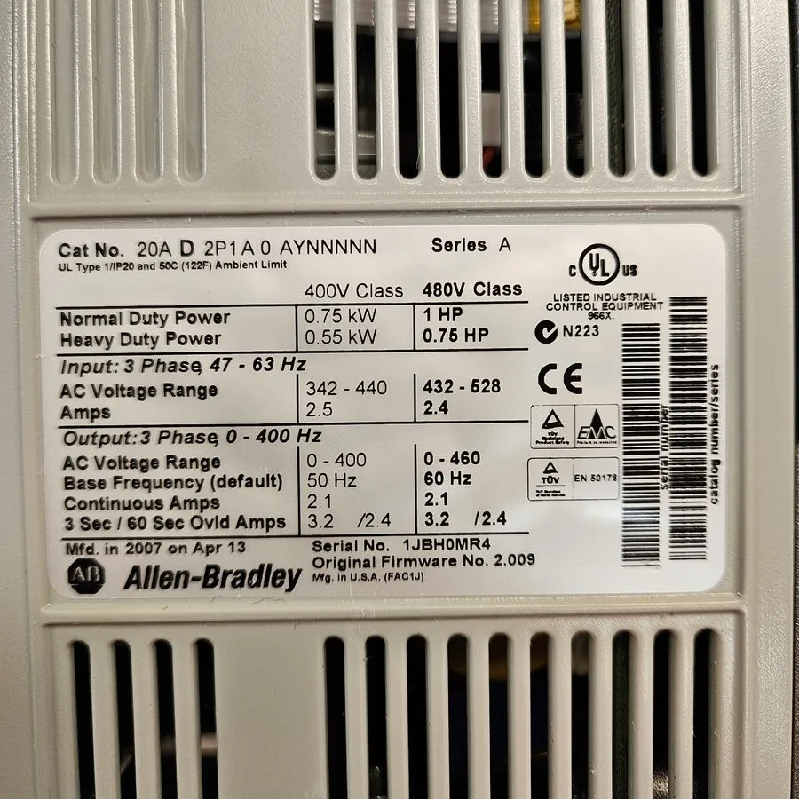 Частотный преобразователь ALLEN BRADLEY 20AD2P1A0AYNNNNN Series A 0.75kW 1Hp Pow — фото лота 2