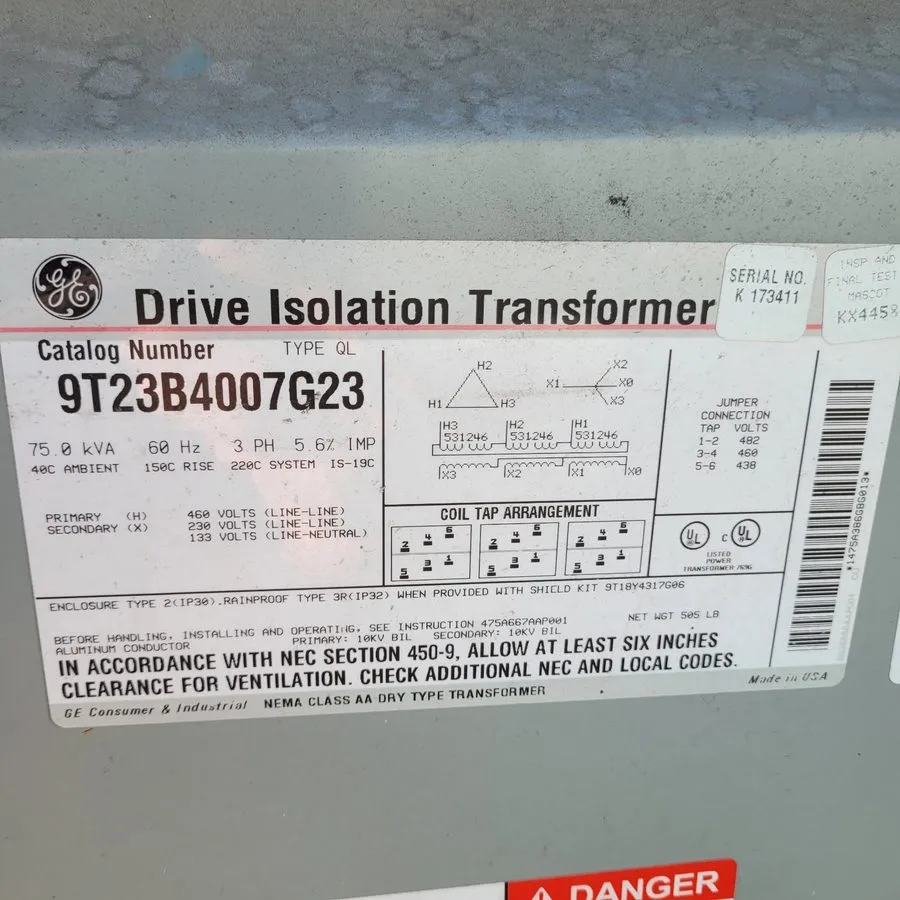 Трансформатор GE 9T23B4007G23 Drive Isolation Transformer 75KVA 460X230/133V 3 P