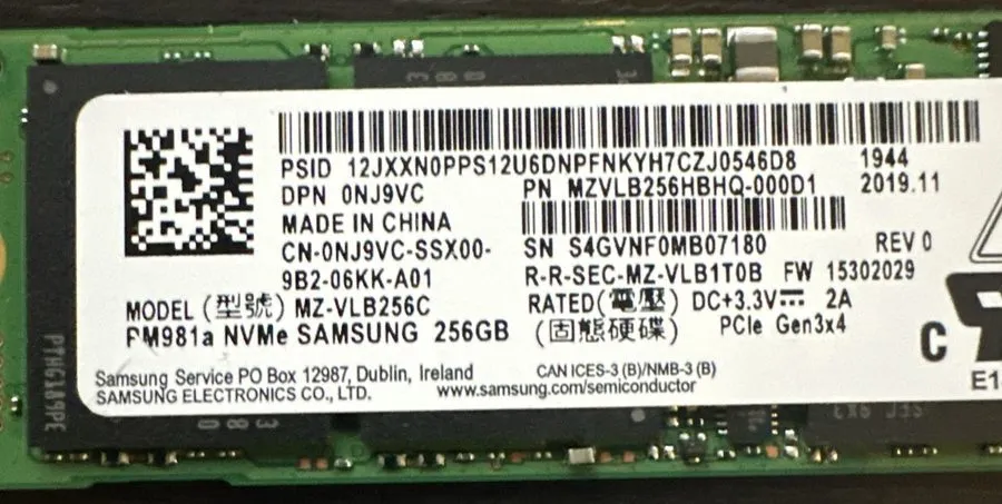 SSD-накопитель SAMSUNG PM981A PCIE NVME SSD SOLID STATE MZ-VLB256C 256GB 0NJ9VC — фото лота 1