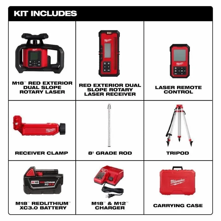 Нивелир Milwaukee 3704-21T Exterior Rotary Laser Level Receiver Remote Grade Rod — фото лота 2