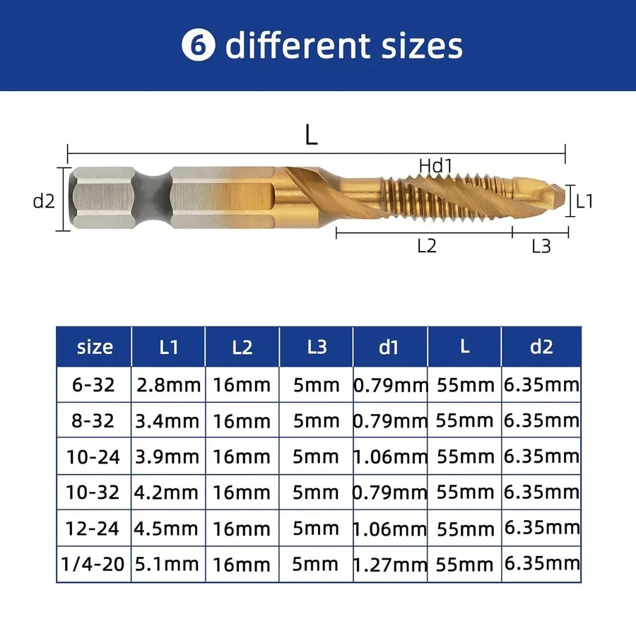 Режущий инструмент Combination Drill and Tap Set, HSS Titanium Thread Taps 6-32N