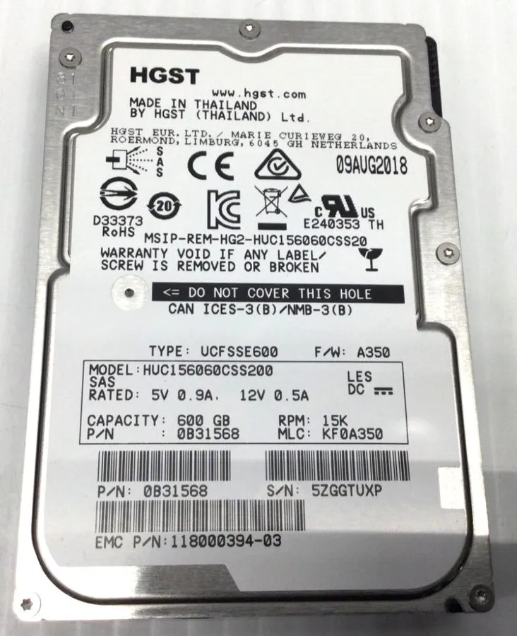 Жёсткий диск 005050935 EMC 600GB 15K SAS 2.5" HDD 0B31568 HGST HUC156060CSS200
