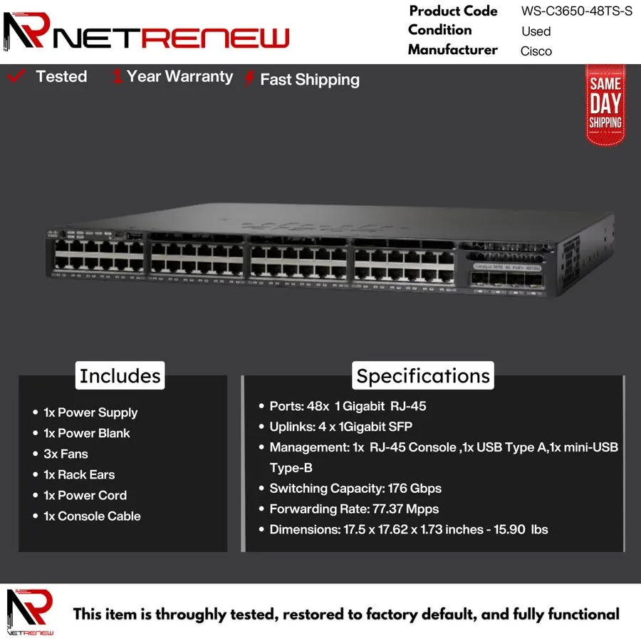 Коммутатор Cisco WS-C3650-48TS-S V01 48-Port PoE+ Network Switch; 6171301