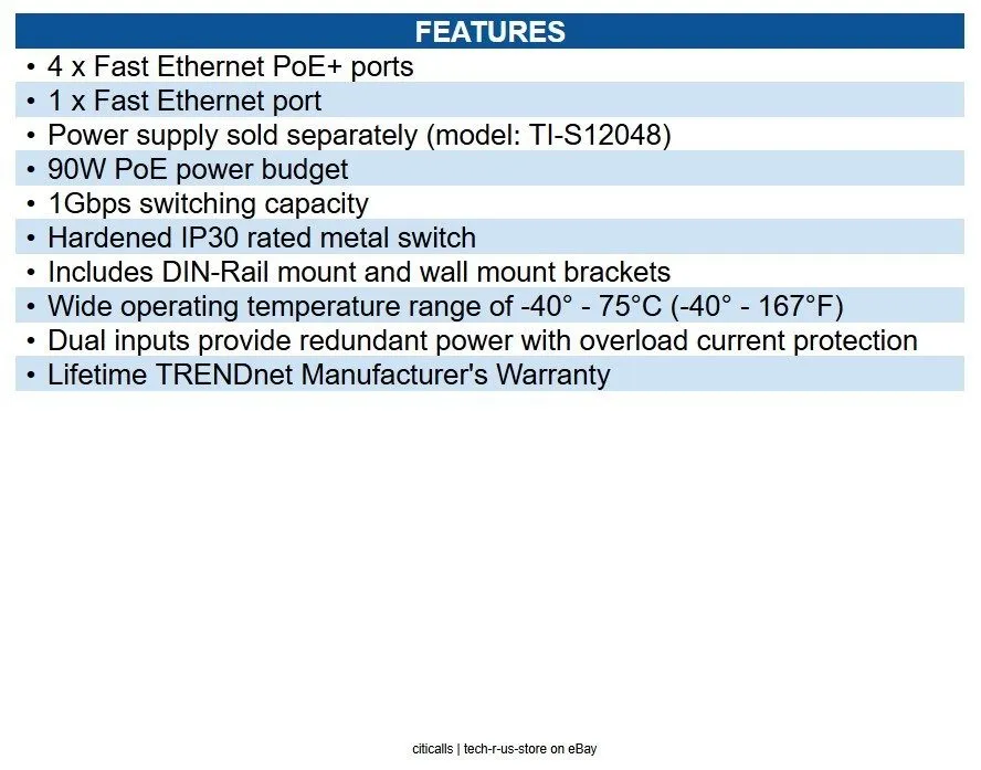 Коммутатор TRENDnet TI-PE50 5-Port Industrial Fast Ethernet PoE+ DIN-Rail Switch — фото лота 1