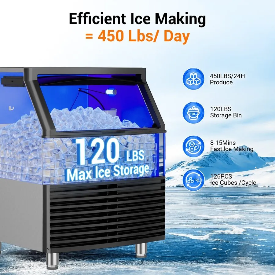 Льдогенератор Commercial Ice Maker Machine 450LBS/24H, Stainless Steel Undercoun