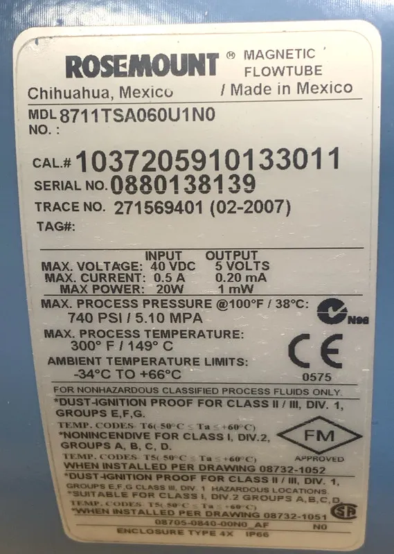 Датчик ROSEMOUNT 8711TSA060U1N0 MAGNETIC FLOWTUBE 740 PSI/ 5.10 MPA