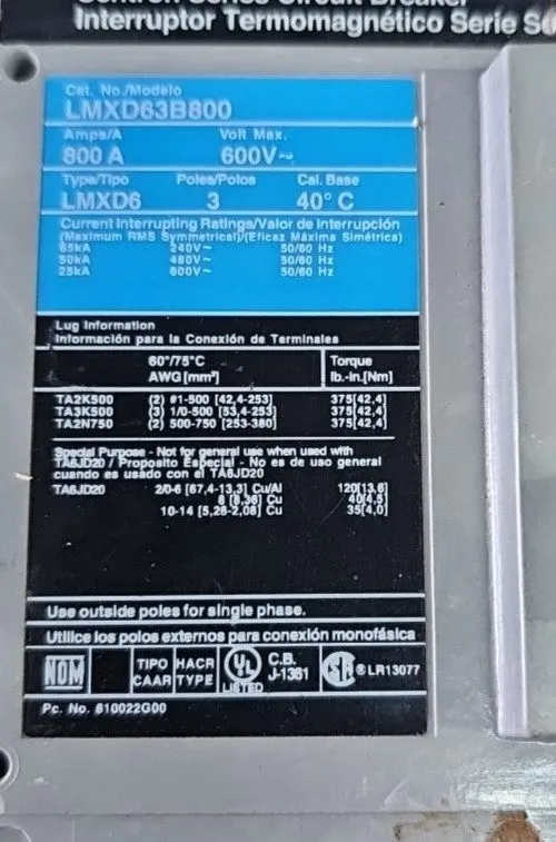 Автоматический выключатель SIEMENS SENTRON SERIES 800 AMP CIRCUIT BREAKER 600 VA