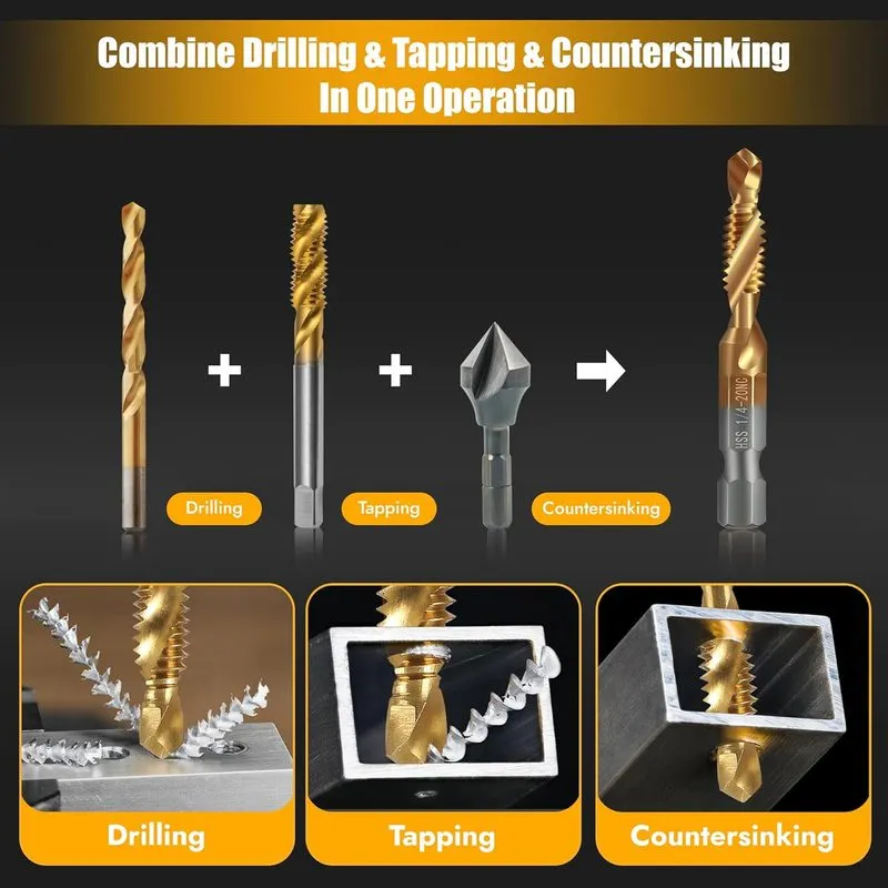 Режущий инструмент Combination Drill and Tap Set, HSS Titanium Thread Taps 6-32N — фото лота 2