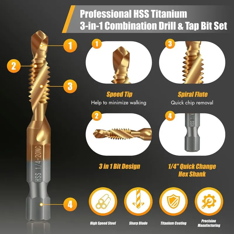Режущий инструмент Combination Drill and Tap Set, HSS Titanium Thread Taps 6-32N — фото лота 3