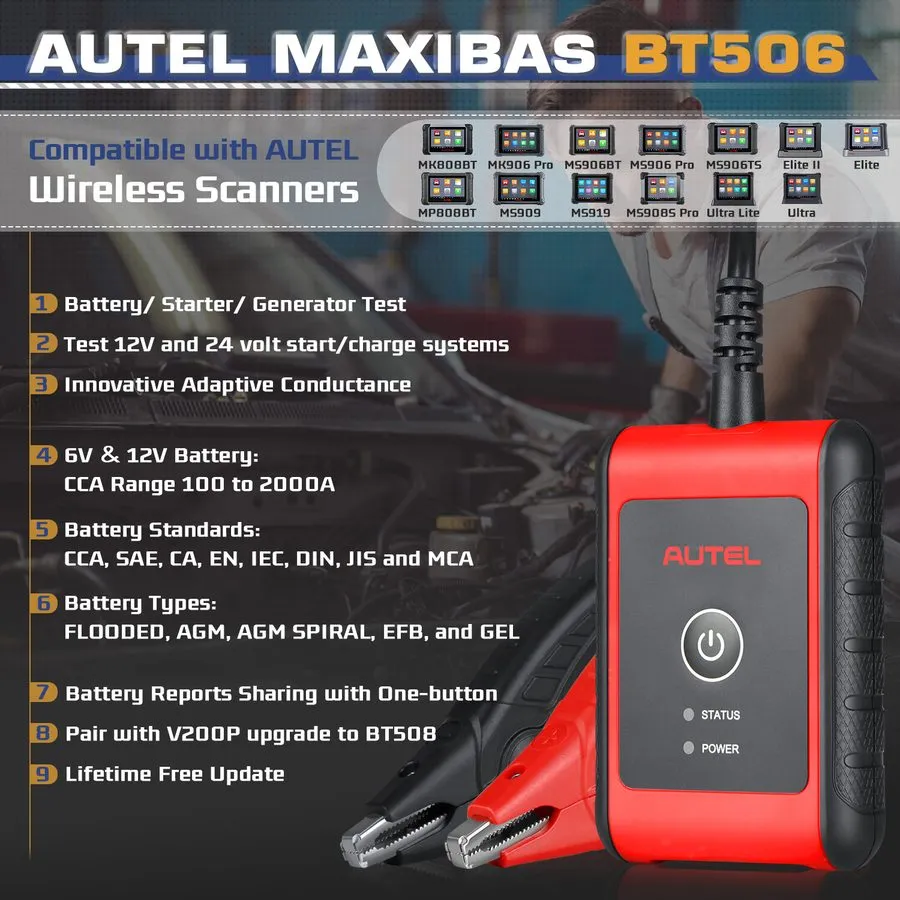 Батарея Autel MaxiBAS BT508 Car Battery Tester 100-2000 CCA Automotive Battery A