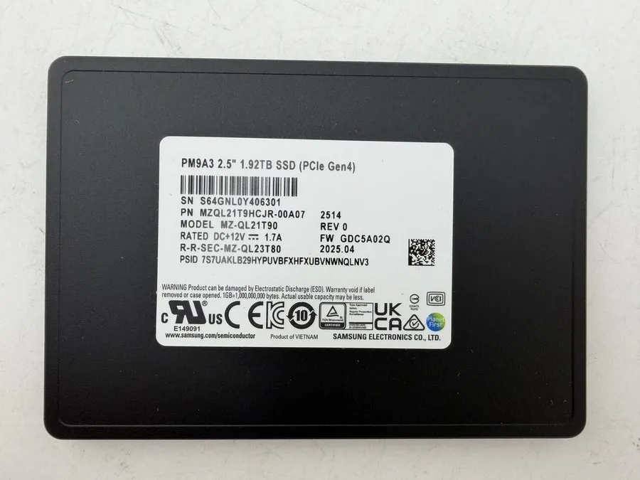 SAMSUNG PM9A3 2.5" 1.92TB SSD PCIE GEN4 ENTERPRISE GRADE SOLID STATE DRIVE