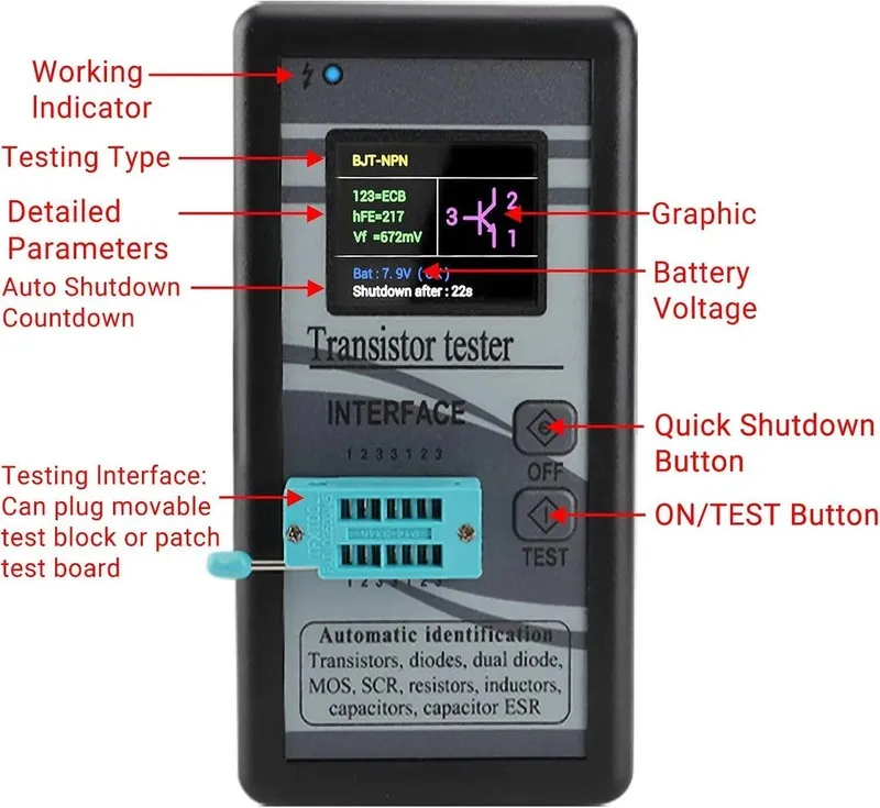 Тестер Transistor Tester LCR Meter Mosfet Transistor Capacitor Tester Mega328 — фото лота 1