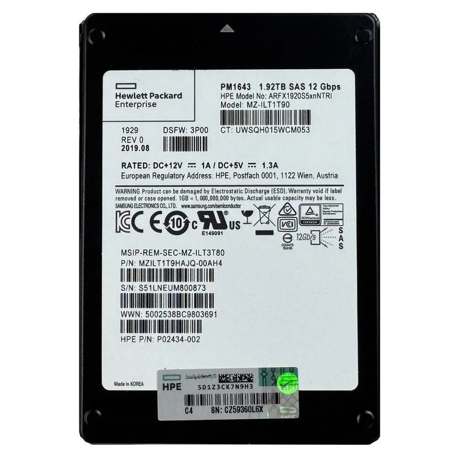 SSD-накопитель Samsung PM1643 1.92TB HPE 2.5" SAS SSD MZ-ILT1T90 P02434-002 MZIL