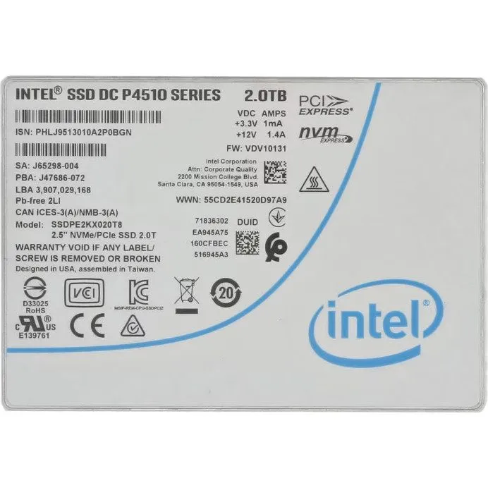 SSD-накопитель Intel P4510 2TB PCIe Gen3 x4 NVMe U.2 2.5" Enterprise SSD SSDPE2K