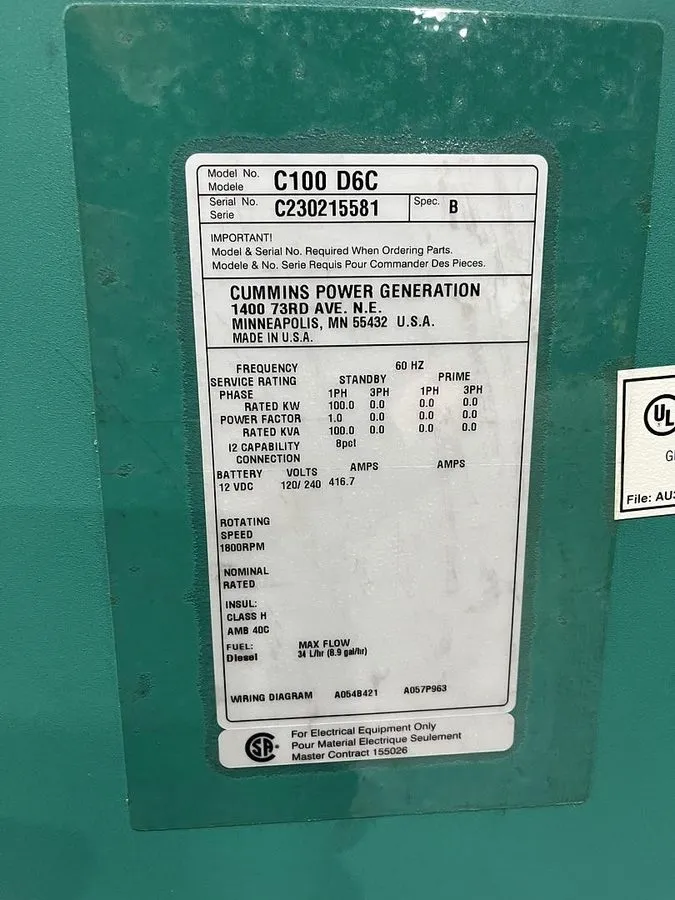 Дизель-генератор 100kW Cummins C100D6C Spec. B Stationary Diesel Generator — фото лота 1