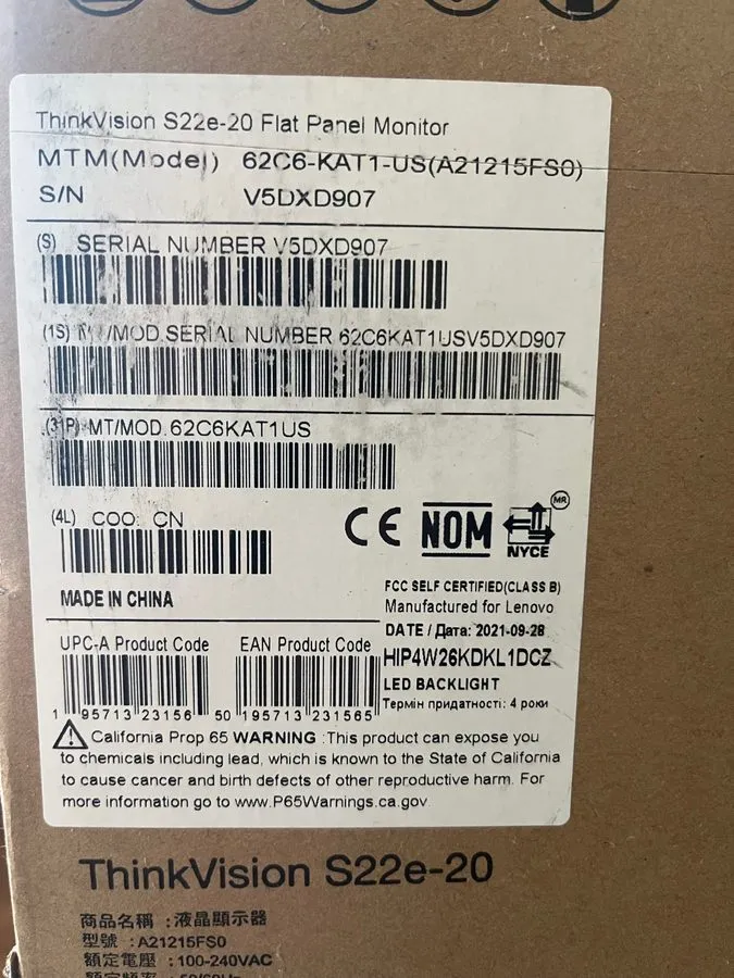 Монитор Lenovo ThinkVision S22e-20 21.5" FHD LED Monitor HDMI VGA 1080p — фото лота 2