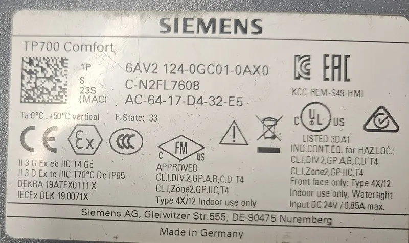 Панель оператора Siemens SIMATIC 6AV2 124-0GC01-0AX0 HMI TP700 Comfort Panel (Pa