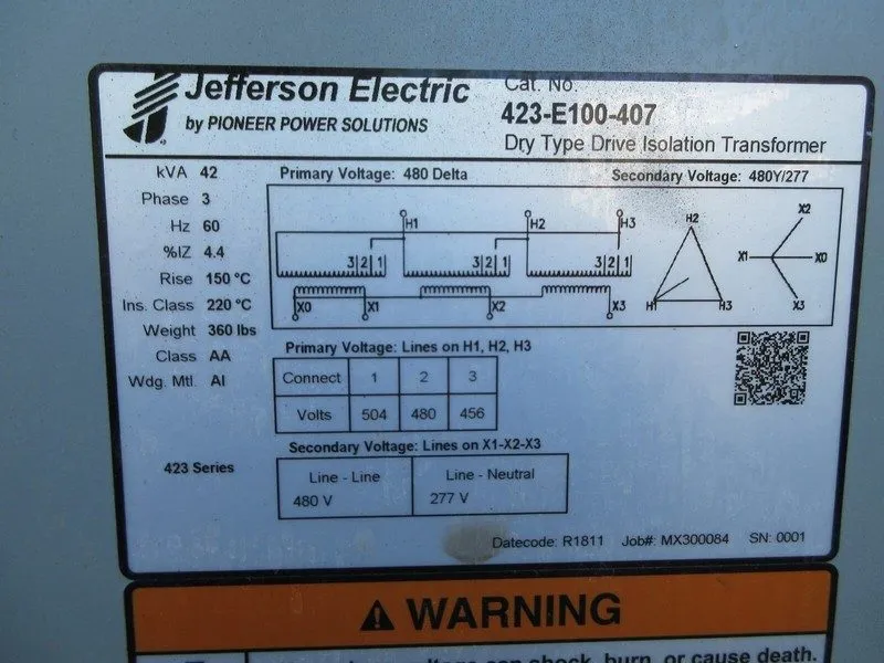 Трансформатор Jefferson 42KVA Isolation Transformer 480-480/277 Volt 3 Phase 423 — фото лота 1