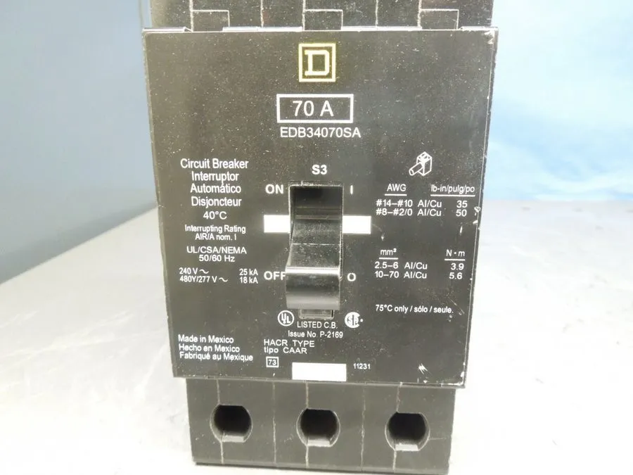 Автоматический выключатель EDB34070 Square D 70 Amp 480V 3 Pole Bolt On Circuit 