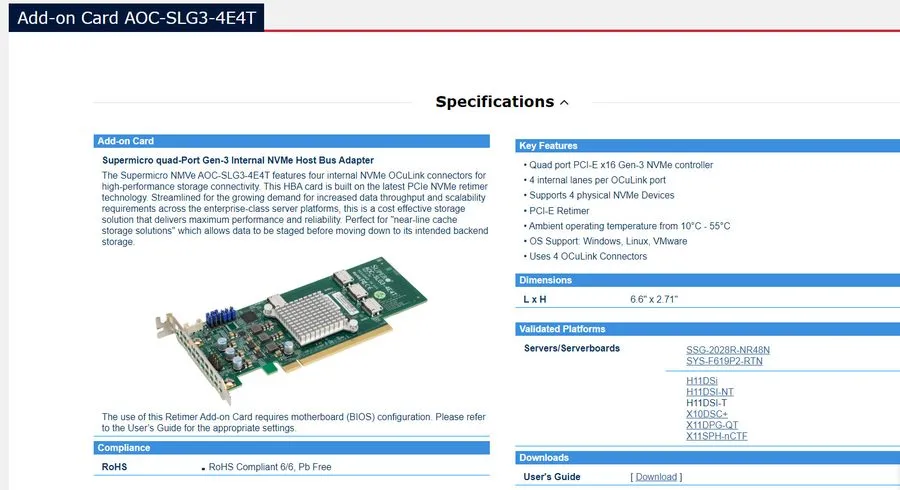Кабель Supermicro AOC-SLG3-4E4T PCIe OcuLink Low Profile 3.0 NVME U.2 expansion