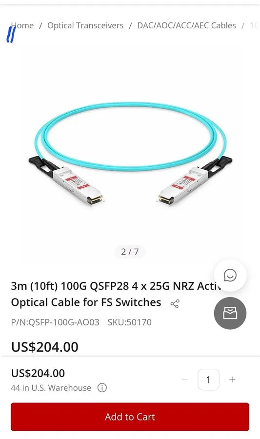 Кабель FS 100G AOC 3M(10ft) QSFP28 Active Optical Cable Q28-AO03 — фото лота 1