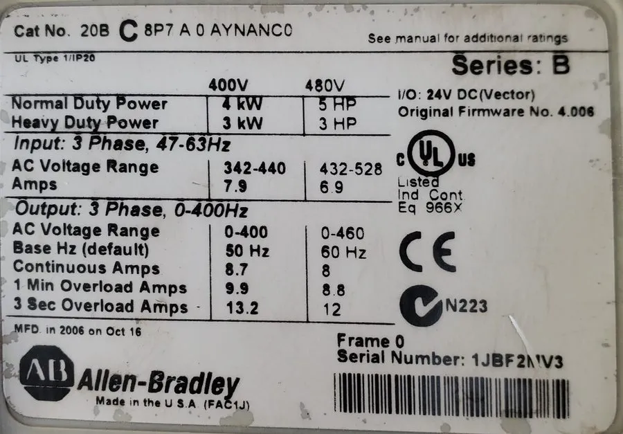 Частотный преобразователь Allen Bradley 20BC8P7A0AYNANC0 PowerFlex 700 AC Drive 