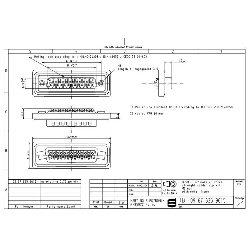 Разъём HARTING Male Connector 09676259615 25-pin