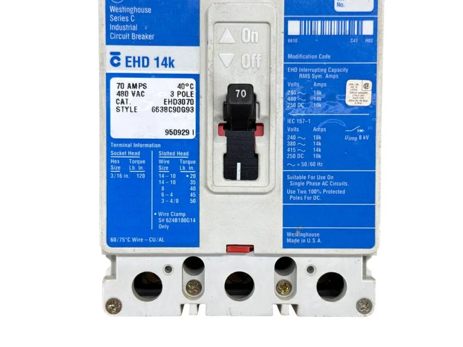 Автоматический выключатель Eaton EHD3070 3 pole 70 amp EHD 14kA@480v EHD14k Circ