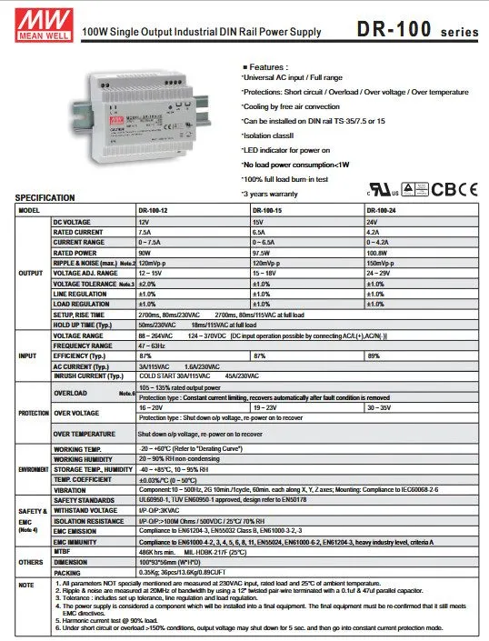 Блок питания Mean Well DR-100-24 Industrial DIN Rail Power Supply 24VDC 4.2A — фото лота 1