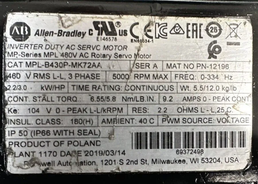 Серводвигатель Allen-Bradley MPL-B430P-MK72AA Servo Motor Spot stocks — фото лота 1