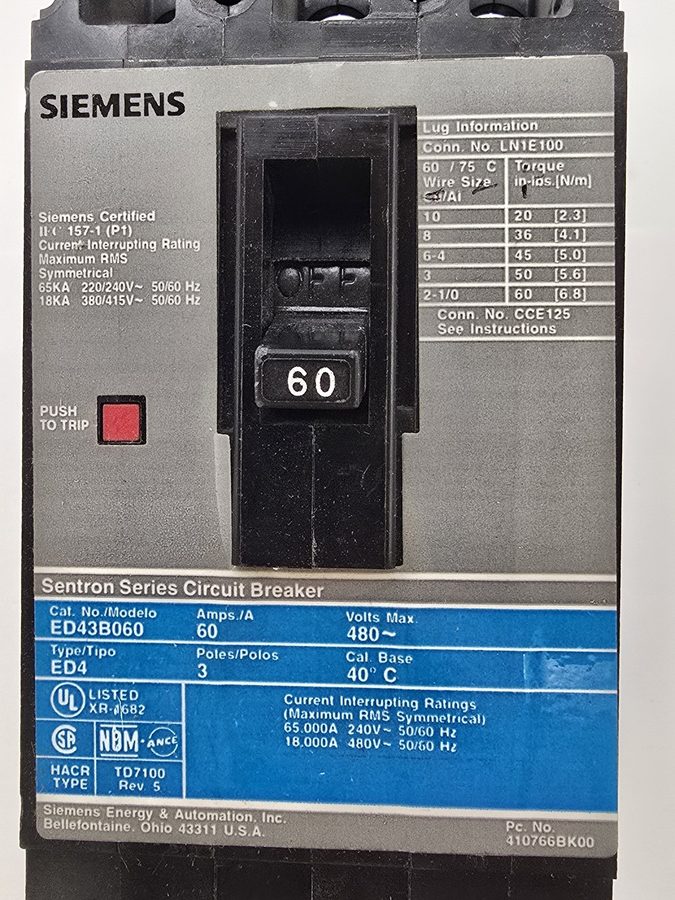 Автоматический выключатель Siemens ED43B060 Sentron Series Circuit Breaker 60A 3