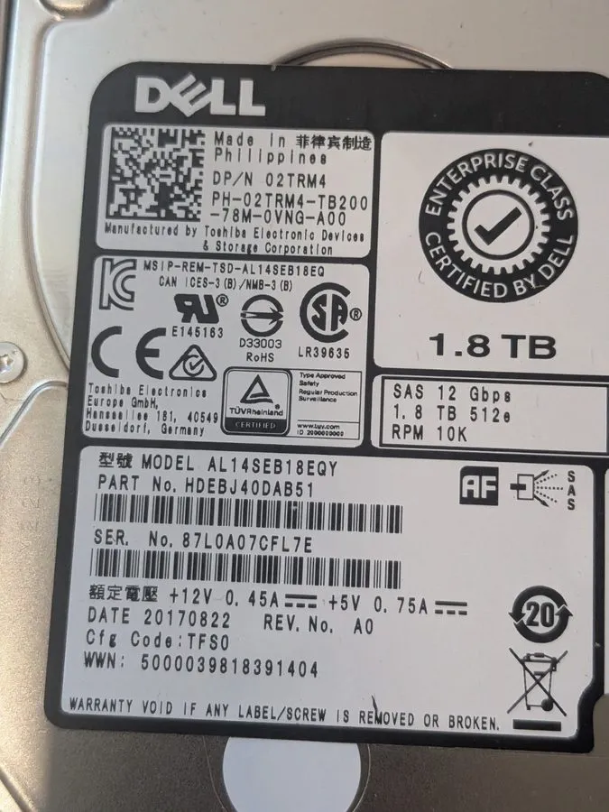 Жёсткий диск Matched Lot 5 Dell 1.8TB 10KSAS 12Gbps 2.5HDD 02TRM4 AL14SEB18EQY 1