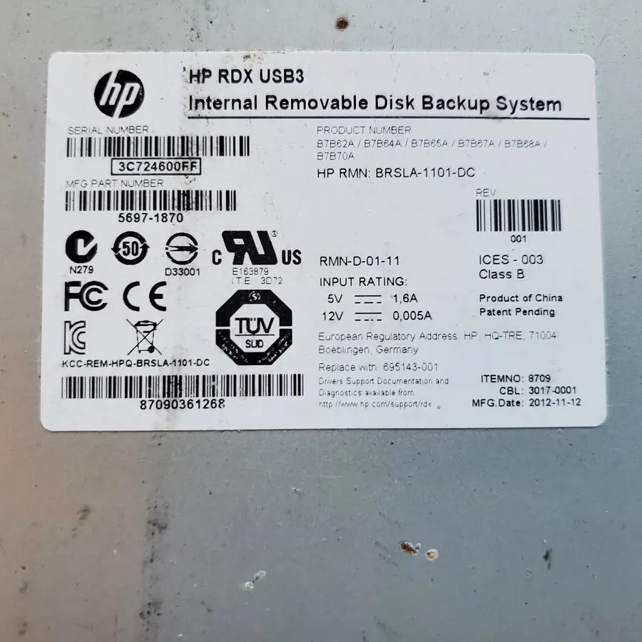 Накопитель RDX HP BRSLA-1101-DC RDX B7B62A USB3 Internal Removable Disk Backup S