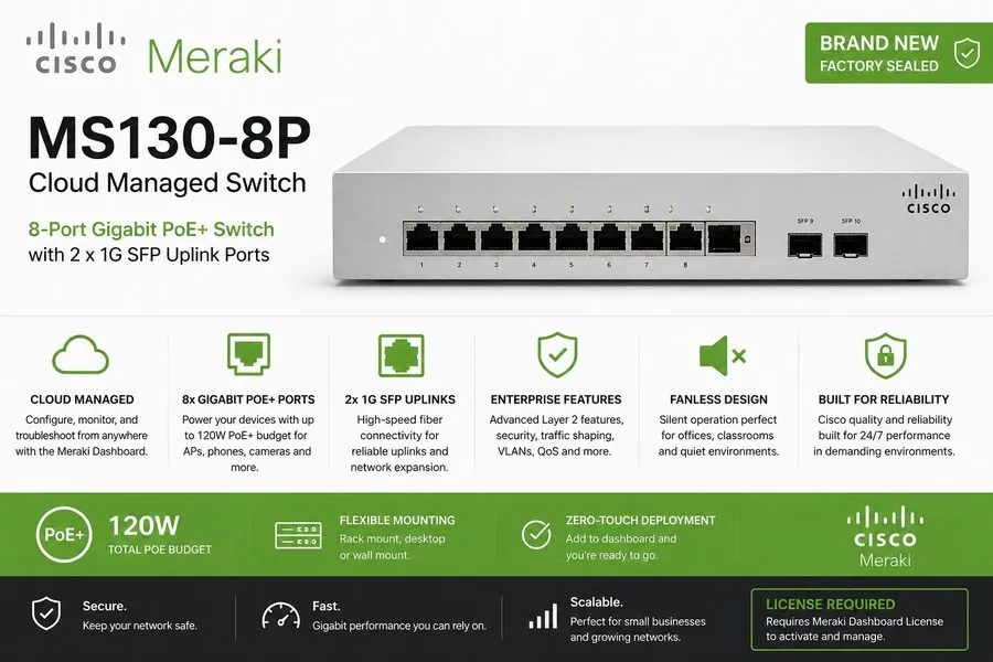Коммутатор Cisco Meraki MS130-8P-HW 8-Port Cloud-Managed PoE Switch
