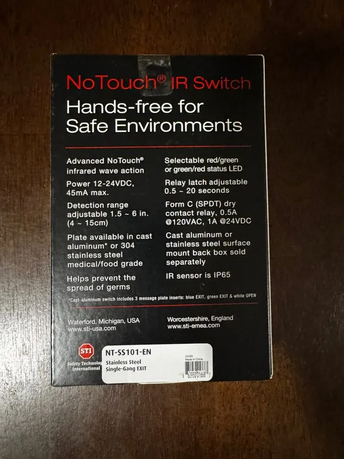 Коммутатор STI NT-SS101-EN Single Gang NoTouch IR Switch Wave To Activate Exit B — фото лота 2