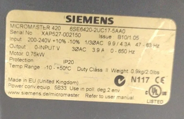Частотный преобразователь Siemens 6SE6420-2UC17-5AA0 MicroMaster 420 Drive 0.75 