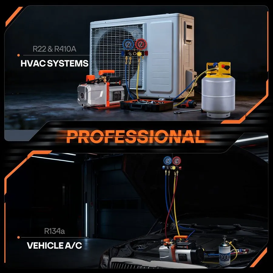 Насос 1.5HP 14.4CFM 2Stage HVAC Vacuum Pump & 4 Way Manifold Gauge Set — фото лота 2