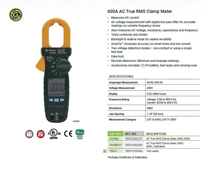 Дисплей Greenlee Cm-860 Clamp Meter, Lcd, 600 A